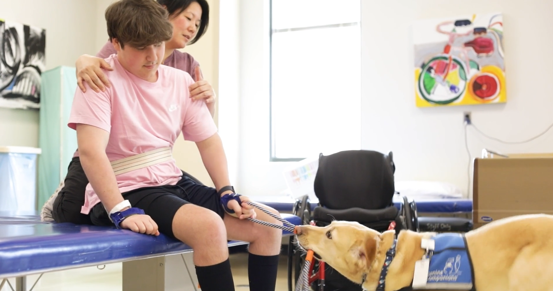 A physical therapist assists a young person sitting on a therapy table, supported by a strap. A service dog stands nearby, engaged with the person. A wheelchair and colorful artwork are visible in the background.